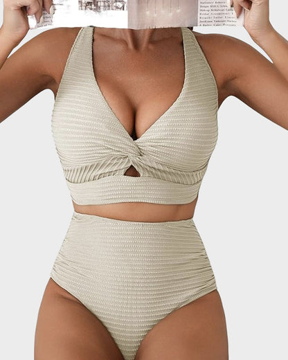 Textured Knot-Front High-Waisted Bikini Set - Seldom Seen Styles