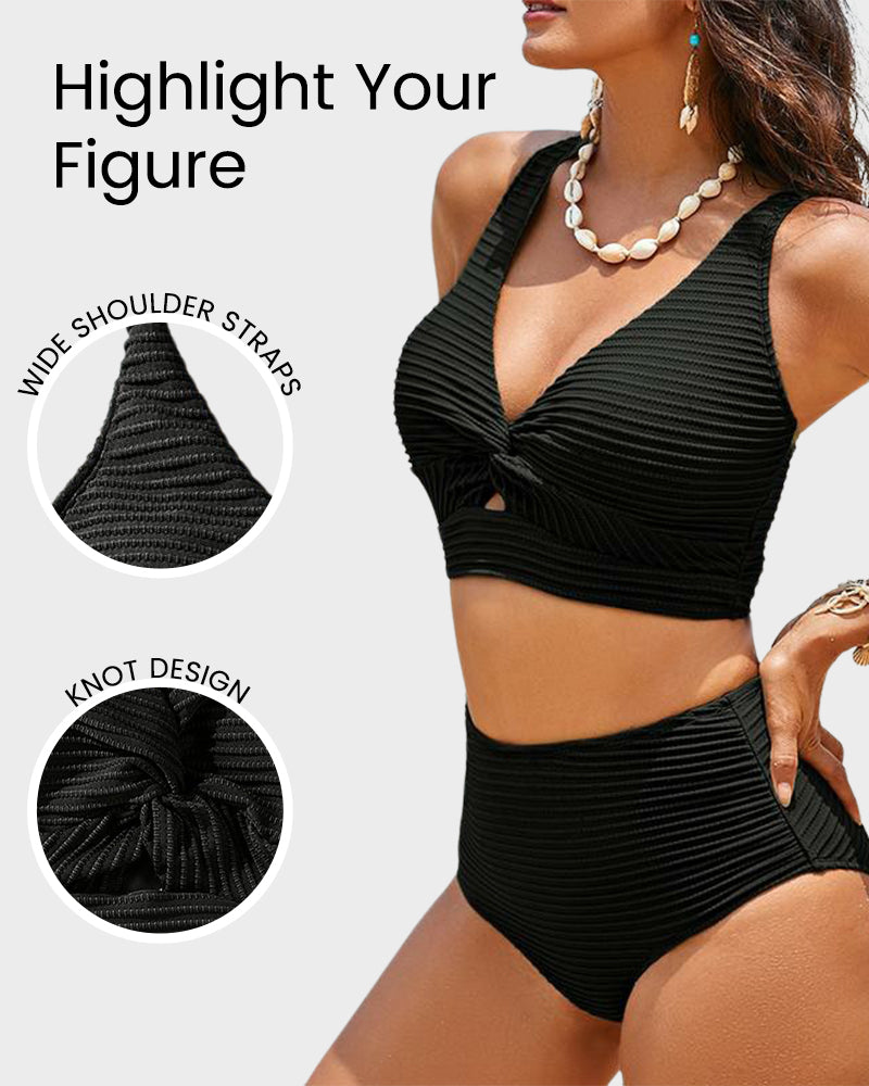 Textured Knot-Front High-Waisted Bikini Set - Seldom Seen Styles