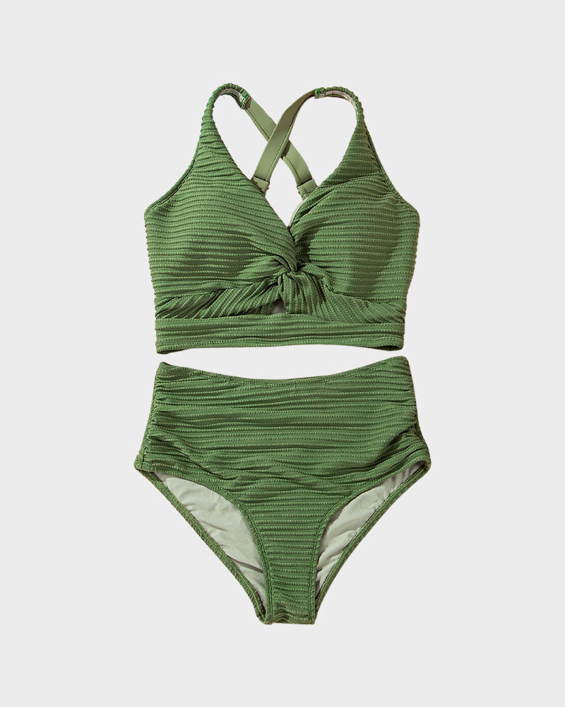 Textured Knot-Front High-Waisted Bikini Set - Seldom Seen Styles