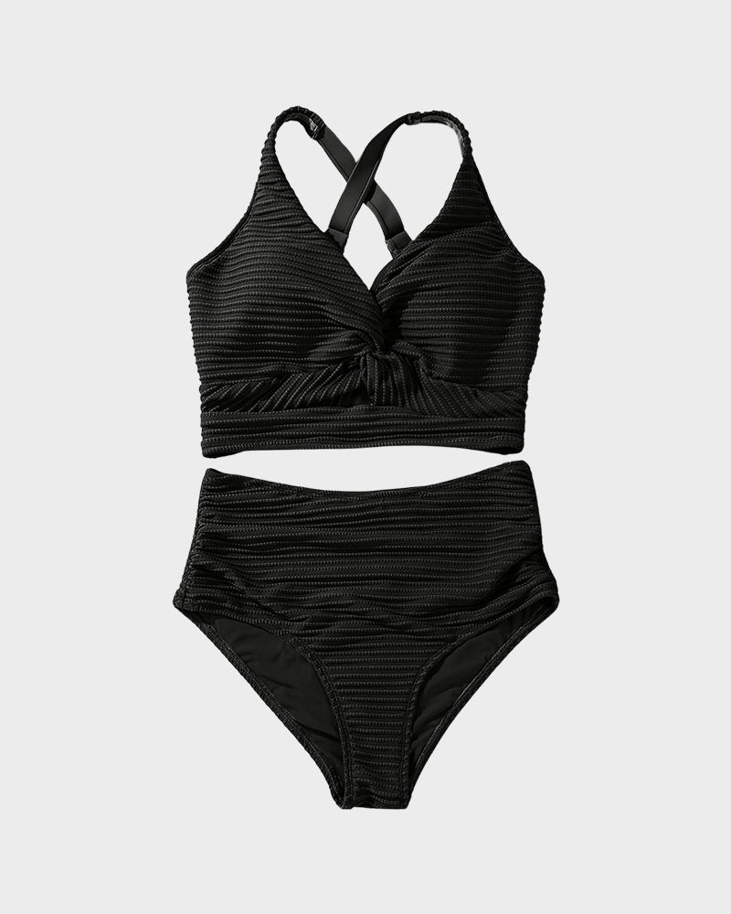 Textured Knot-Front High-Waisted Bikini Set - Seldom Seen Styles