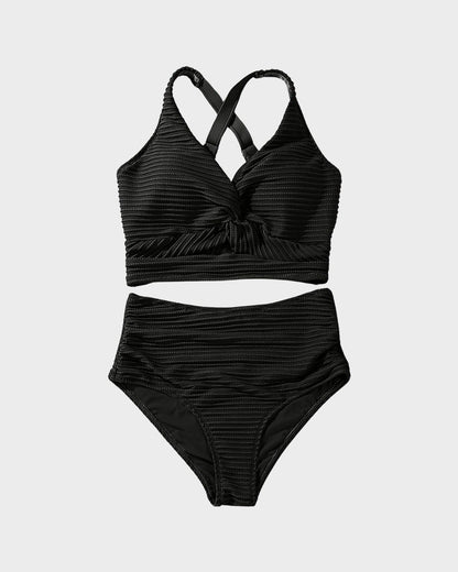 Textured Knot-Front High-Waisted Bikini Set - Seldom Seen Styles