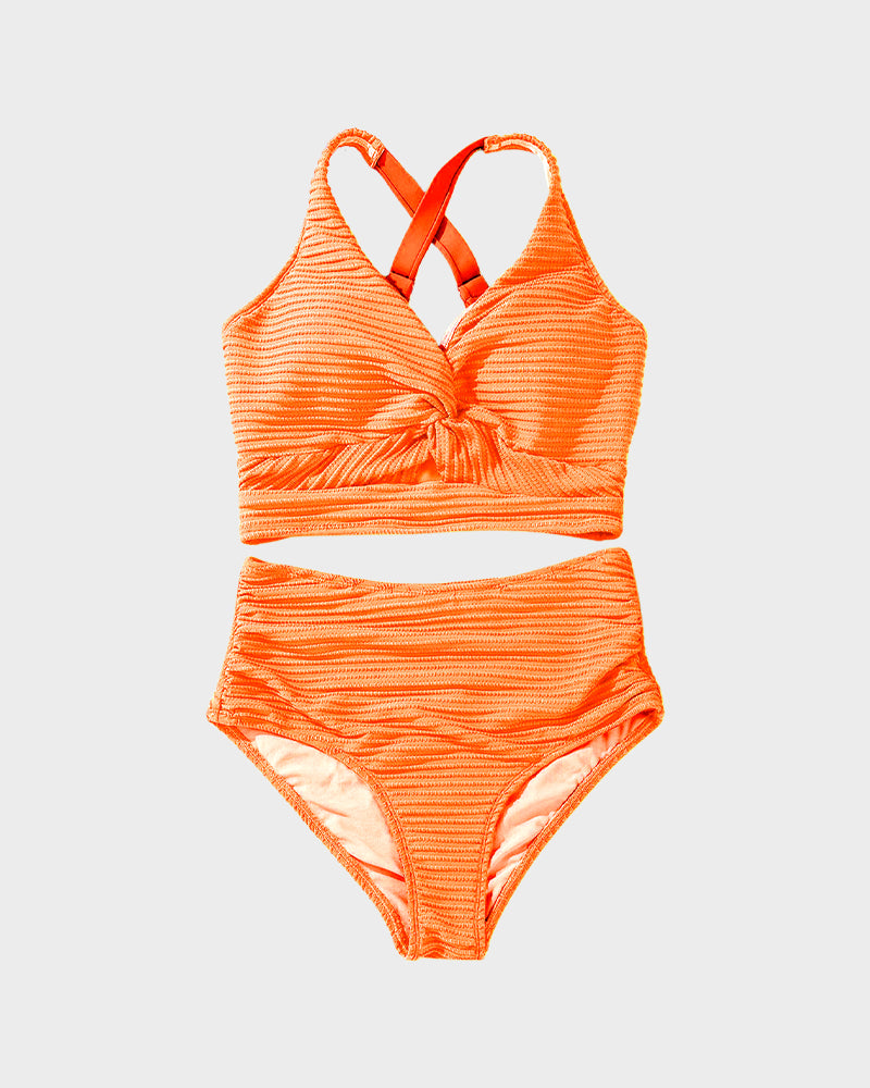Textured Knot-Front High-Waisted Bikini Set - Seldom Seen Styles