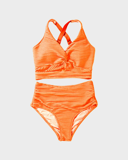 Textured Knot-Front High-Waisted Bikini Set - Seldom Seen Styles