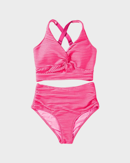 Textured Knot-Front High-Waisted Bikini Set - Seldom Seen Styles