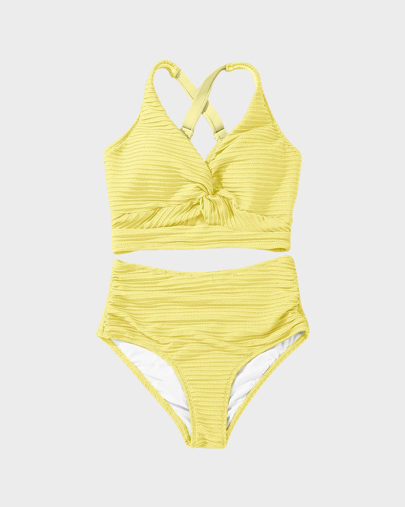 Textured Knot-Front High-Waisted Bikini Set - Seldom Seen Styles