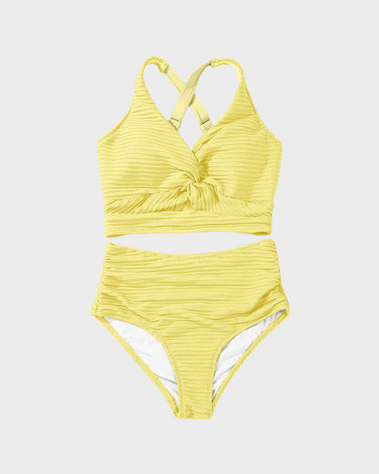 Textured Knot-Front High-Waisted Bikini Set - Seldom Seen Styles