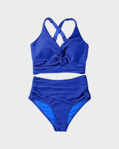 Textured Knot-Front High-Waisted Bikini Set - Seldom Seen Styles