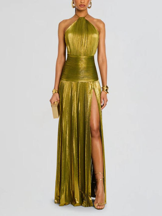 Thalia Metalik Peridot Maxi Elbise Metallic pressed pleated slit tie-neck dress sleeveless with open back - Seldom Seen Styles