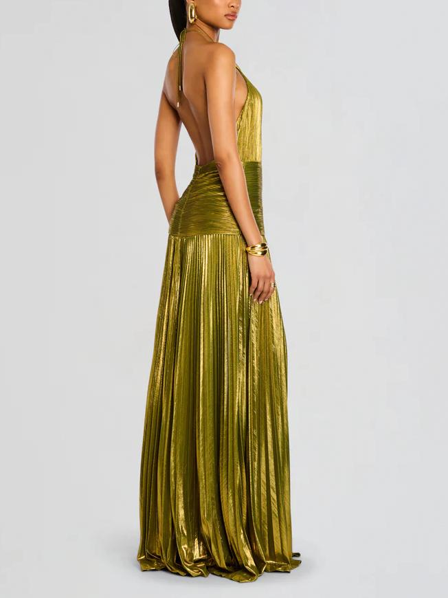 Thalia Metalik Peridot Maxi Elbise Metallic pressed pleated slit tie-neck dress sleeveless with open back - Seldom Seen Styles