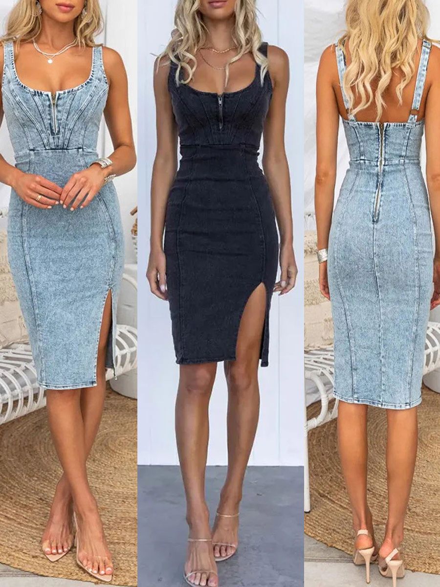 This Seasons Staple Denim Adjustable Straps Zip-up Firm Stretch Midi Dress Short Sleeve U Vintage Casual Style Denim Dress with Straps - Seldom Seen Styles