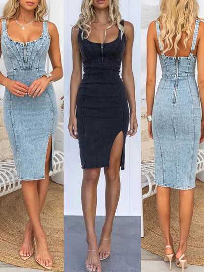This Seasons Staple Denim Adjustable Straps Zip-up Firm Stretch Midi Dress Short Sleeve U Vintage Casual Style Denim Dress with Straps - Seldom Seen Styles