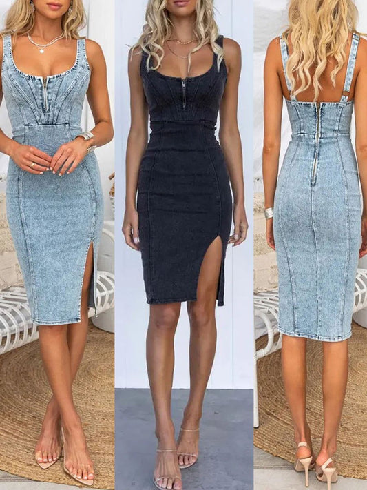 This Seasons Staple Denim Adjustable Straps Zip-up Firm Stretch Midi Dress Short Sleeve U Vintage Casual Style Denim Dress with Straps - Seldom Seen Styles