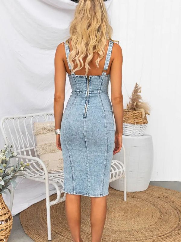 This Seasons Staple Denim Adjustable Straps Zip-up Firm Stretch Midi Dress Short Sleeve U Vintage Casual Style Denim Dress with Straps - Seldom Seen Styles