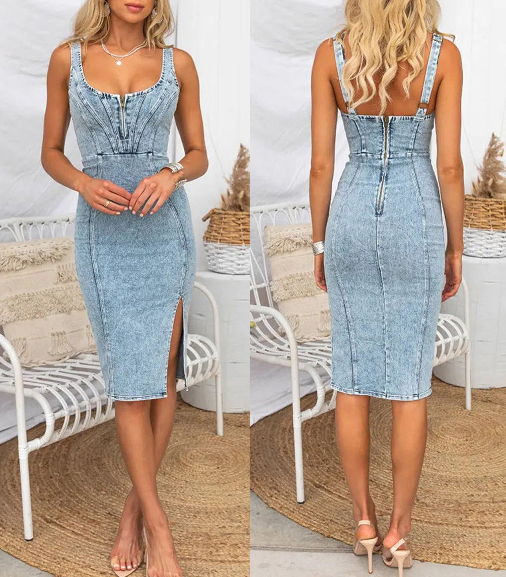 This Seasons Staple Denim Adjustable Straps Zip-up Firm Stretch Midi Dress Short Sleeve U Vintage Casual Style Denim Dress with Straps - Seldom Seen Styles