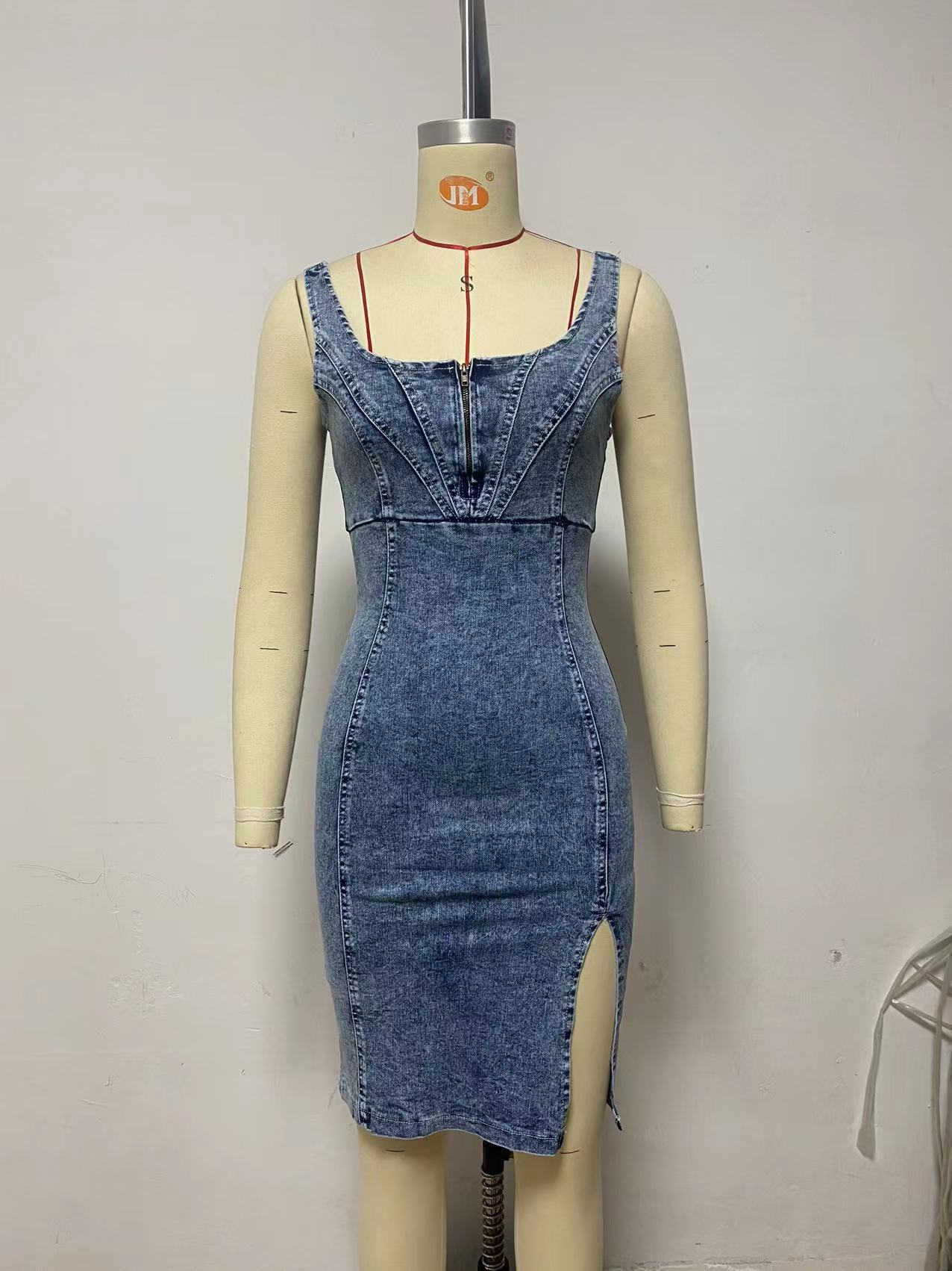 This Seasons Staple Denim Adjustable Straps Zip-up Firm Stretch Midi Dress Short Sleeve U Vintage Casual Style Denim Dress with Straps - Seldom Seen Styles