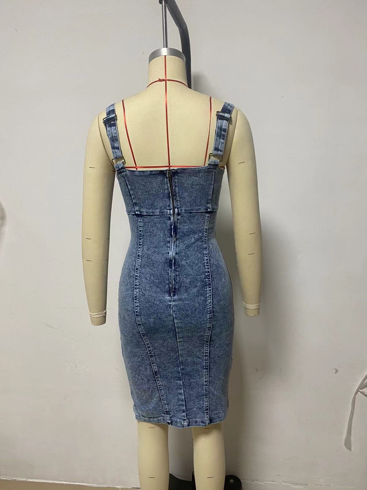 This Seasons Staple Denim Adjustable Straps Zip-up Firm Stretch Midi Dress Short Sleeve U Vintage Casual Style Denim Dress with Straps - Seldom Seen Styles