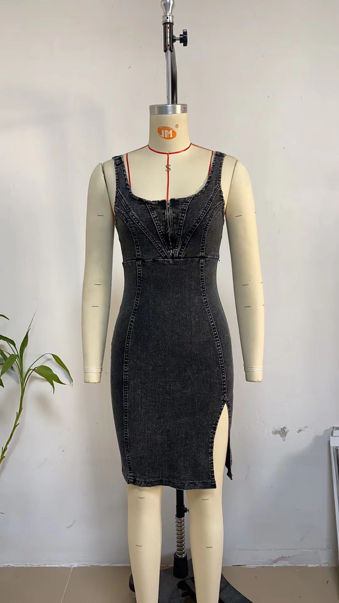 This Seasons Staple Denim Adjustable Straps Zip-up Firm Stretch Midi Dress Short Sleeve U Vintage Casual Style Denim Dress with Straps - Seldom Seen Styles
