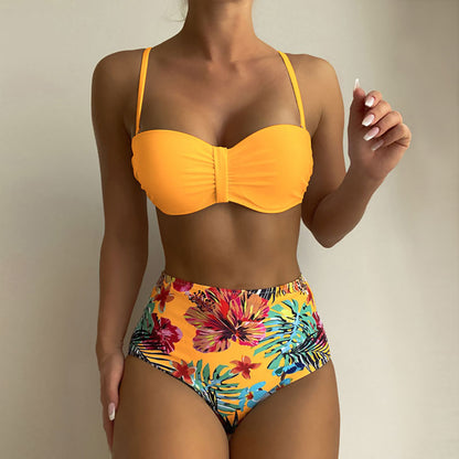 Tropical High Waist Ruched Underwire Tie Back Brazilian Two Piece Bikini Swimsuit - Seldom Seen Styles
