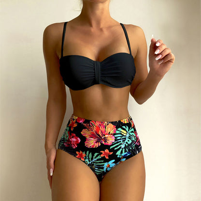 Tropical High Waist Ruched Underwire Tie Back Brazilian Two Piece Bikini Swimsuit - Seldom Seen Styles