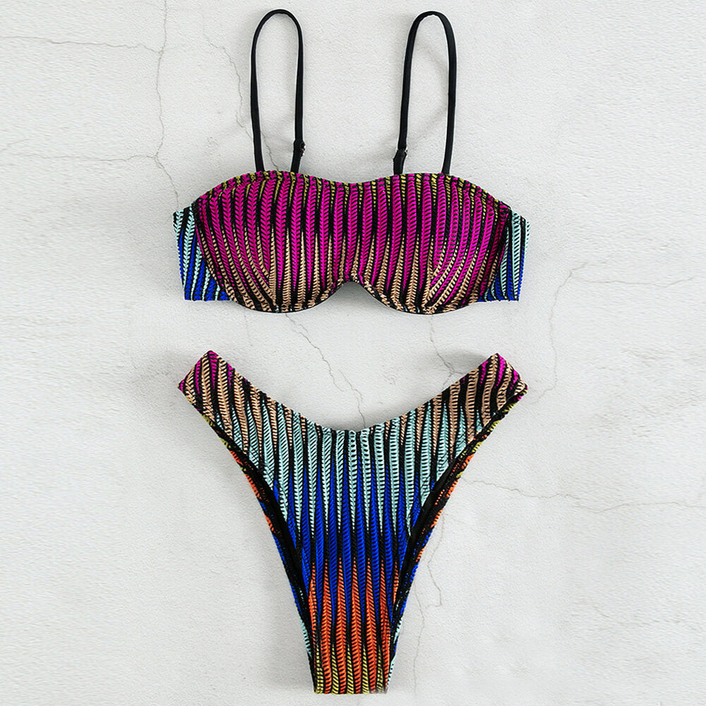 Tropical Leaf High Cut Underwire Brazilian Two Piece Bikini Swimsuit - Seldom Seen Styles