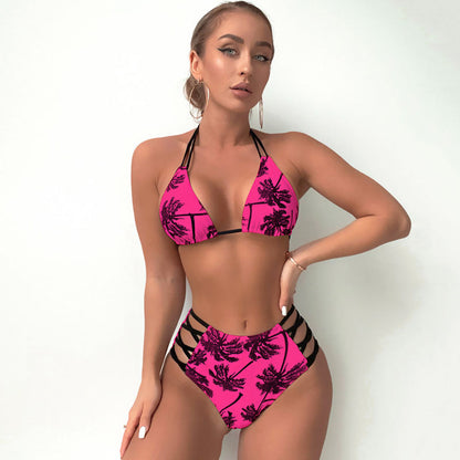 Tropical Palm Print Cut Out Slide Triangle Brazilian Two Piece Bikini Swimsuit - Seldom Seen Styles