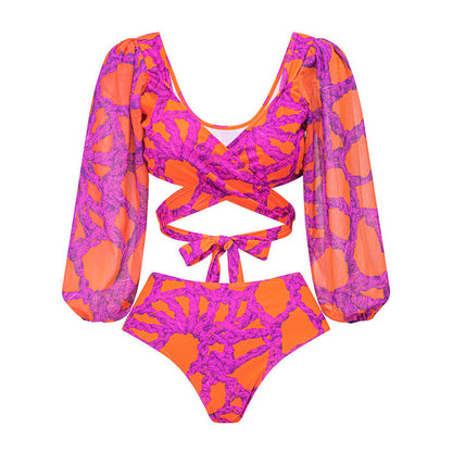Tropical Rope Print High Waist Bishop Sleeve Wrap Brazilian Two Piece Bikini Swimsuit - Seldom Seen Styles