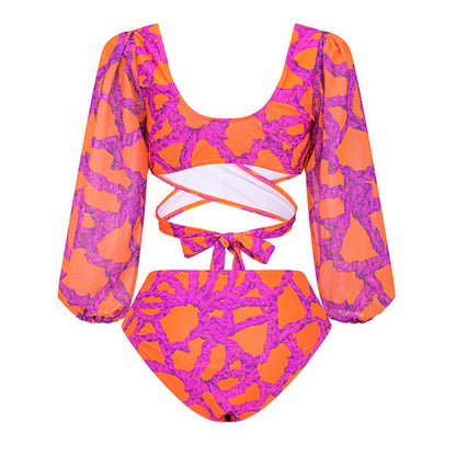 Tropical Rope Print High Waist Bishop Sleeve Wrap Brazilian Two Piece Bikini Swimsuit - Seldom Seen Styles