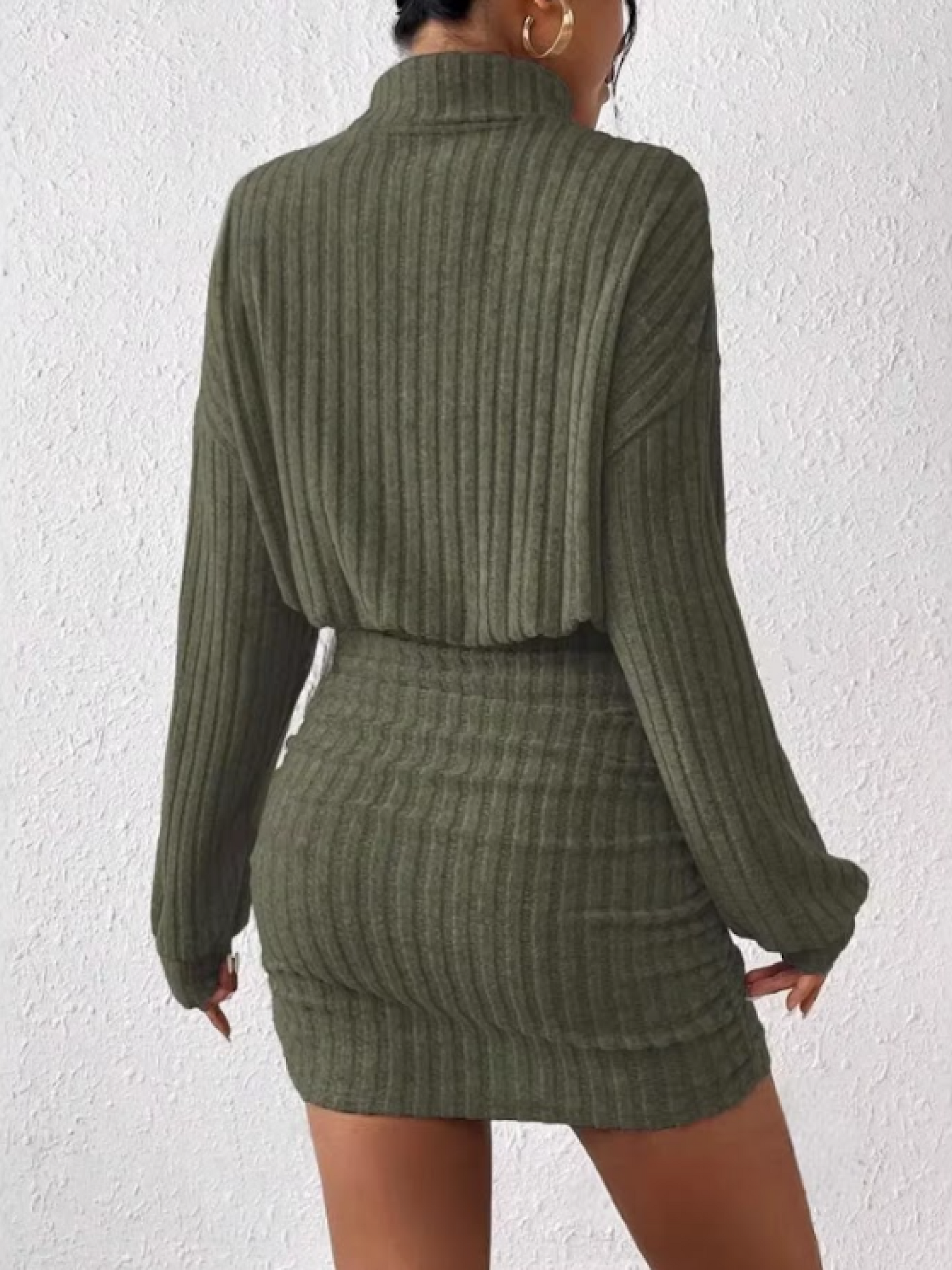 Turtleneck Long Sleeved Ribbed Dress -Dark Green - Back