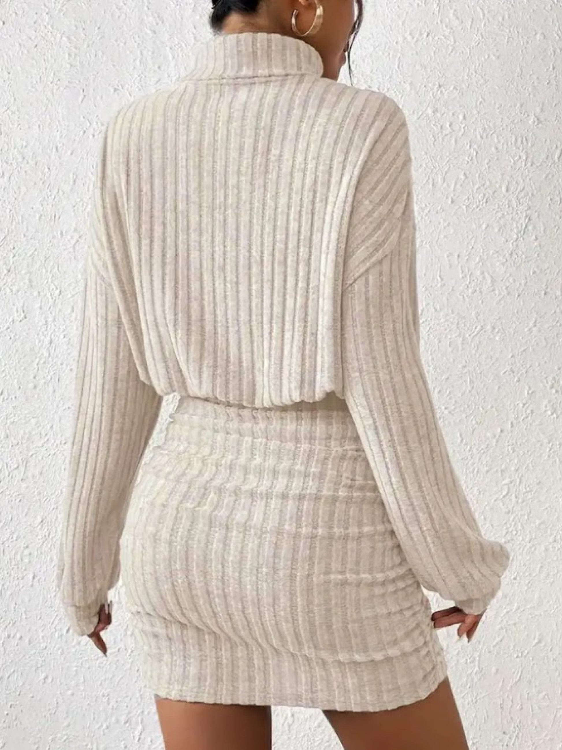Turtleneck Long Sleeved Ribbed Dress -Light Beige - Back