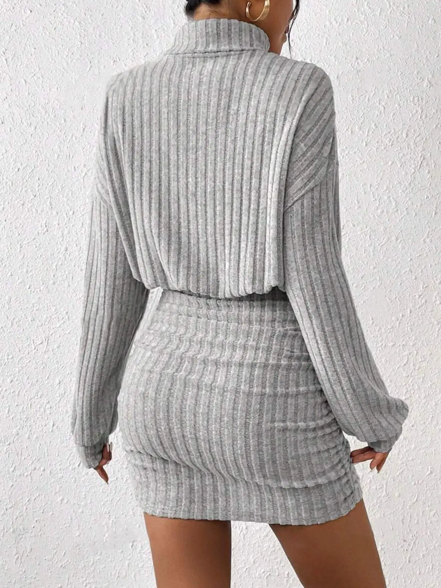 Turtleneck Long Sleeved Ribbed Dress - Grey- Back