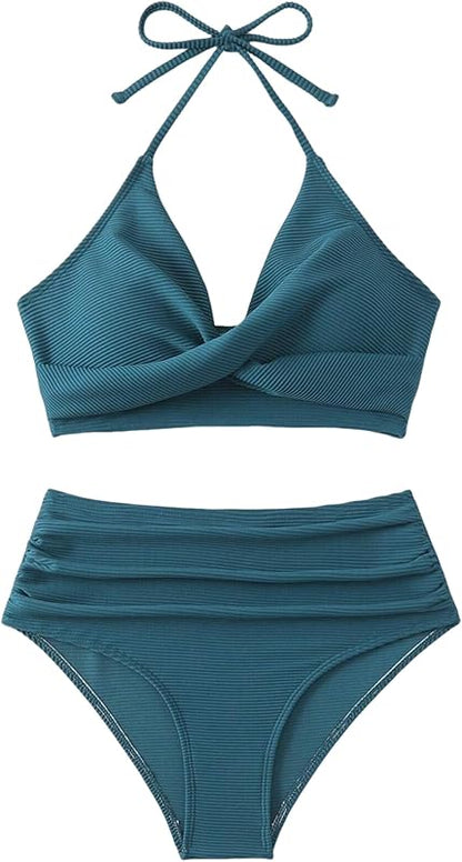 Twist High Waisted Bikini for Women Cross Lace Up Bathing Suit Ruched Bikini Swimsuits Tummy Control Swimwears - Seldom Seen Styles