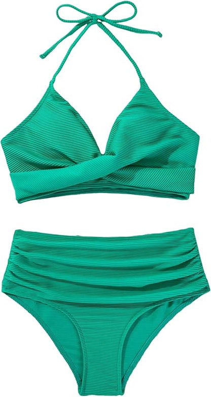 Twist High Waisted Bikini for Women Cross Lace Up Bathing Suit Ruched Bikini Swimsuits Tummy Control Swimwears - Seldom Seen Styles