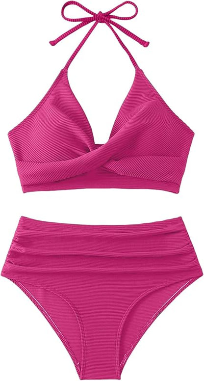 Twist High Waisted Bikini for Women Cross Lace Up Bathing Suit Ruched Bikini Swimsuits Tummy Control Swimwears - Seldom Seen Styles