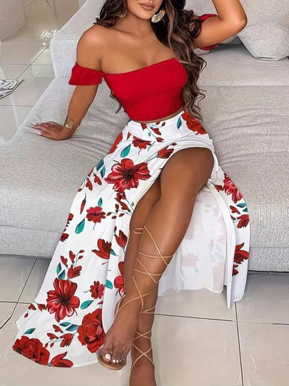 Two-piece Set Women's Feather Print Off Shoulder Crop Top & Split Thigh Skirt, Casual Fashion Cozy Top & Skirt for Daily Holiday Vacation Wear, Ladies Outfits for Summer - Seldom Seen Styles