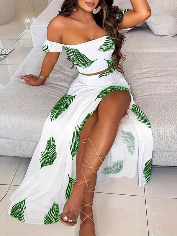 Two-piece Set Women's Feather Print Off Shoulder Crop Top & Split Thigh Skirt, Casual Fashion Cozy Top & Skirt for Daily Holiday Vacation Wear, Ladies Outfits for Summer - Seldom Seen Styles