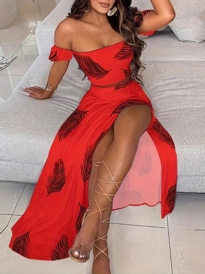 Two-piece Set Women's Feather Print Off Shoulder Crop Top & Split Thigh Skirt, Casual Fashion Cozy Top & Skirt for Daily Holiday Vacation Wear, Ladies Outfits for Summer - Seldom Seen Styles