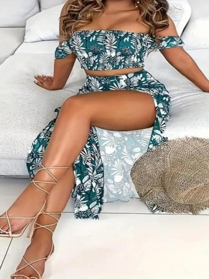 Two-piece Set Women's Feather Print Off Shoulder Crop Top & Split Thigh Skirt, Casual Fashion Cozy Top & Skirt for Daily Holiday Vacation Wear, Ladies Outfits for Summer - Seldom Seen Styles