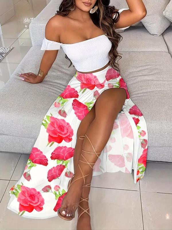 Two-piece Set Women's Feather Print Off Shoulder Crop Top & Split Thigh Skirt, Casual Fashion Cozy Top & Skirt for Daily Holiday Vacation Wear, Ladies Outfits for Summer - Seldom Seen Styles