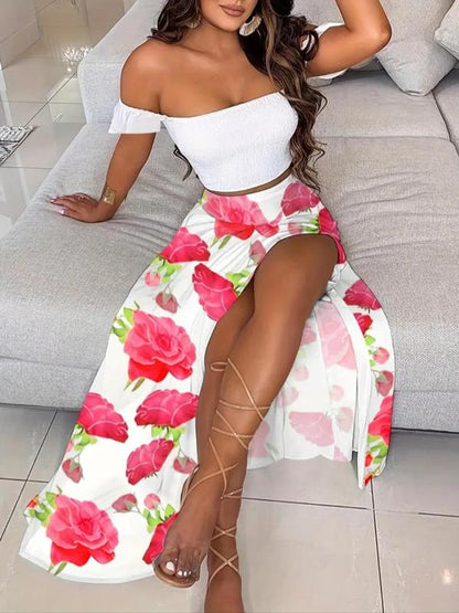 Two-piece Set Women's Feather Print Off Shoulder Crop Top & Split Thigh Skirt, Casual Fashion Cozy Top & Skirt for Daily Holiday Vacation Wear, Ladies Outfits for Summer - Seldom Seen Styles