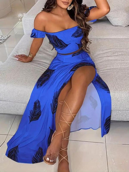 Two-piece Set Women's Feather Print Off Shoulder Crop Top & Split Thigh Skirt, Casual Fashion Cozy Top & Skirt for Daily Holiday Vacation Wear, Ladies Outfits for Summer - Seldom Seen Styles