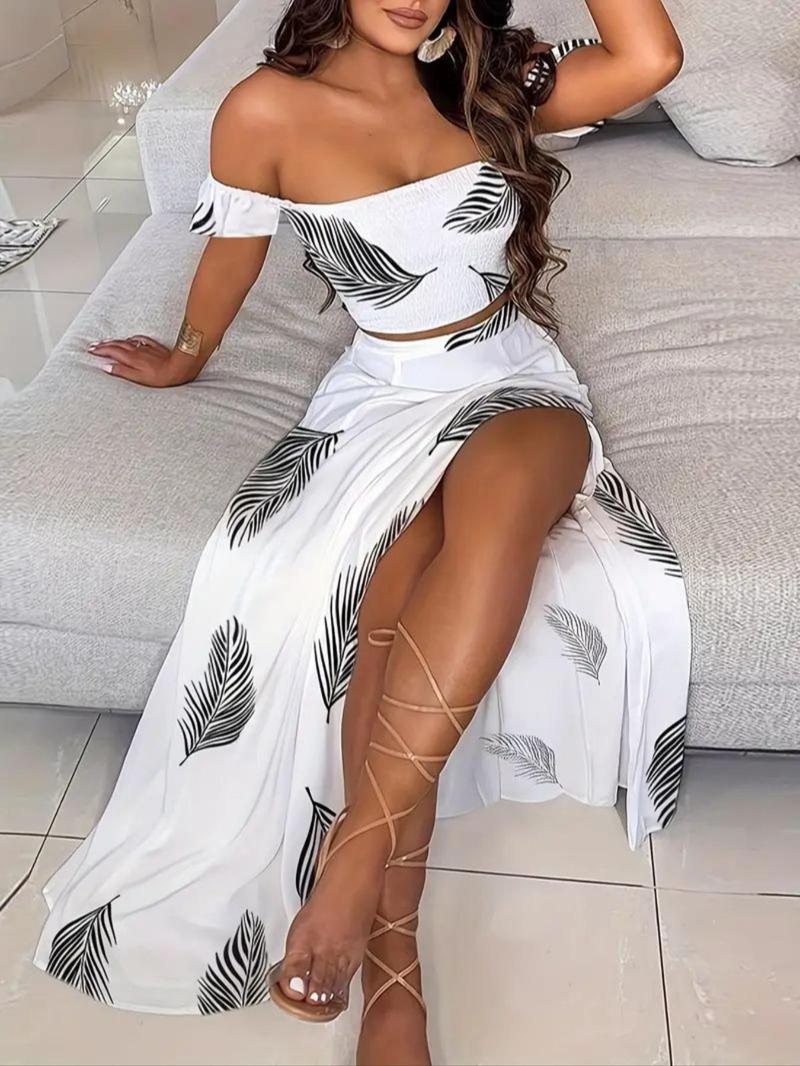 Two-piece Set Women's Feather Print Off Shoulder Crop Top & Split Thigh Skirt, Casual Fashion Cozy Top & Skirt for Daily Holiday Vacation Wear, Ladies Outfits for Summer - Seldom Seen Styles