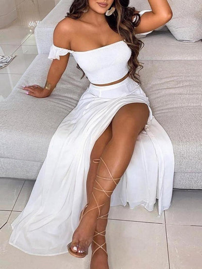 Two-piece Set Women's Feather Print Off Shoulder Crop Top & Split Thigh Skirt, Casual Fashion Cozy Top & Skirt for Daily Holiday Vacation Wear, Ladies Outfits for Summer - Seldom Seen Styles