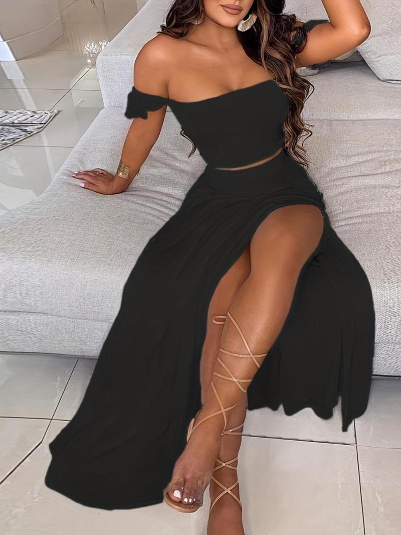 Two-piece Set Women's Feather Print Off Shoulder Crop Top & Split Thigh Skirt, Casual Fashion Cozy Top & Skirt for Daily Holiday Vacation Wear, Ladies Outfits for Summer - Seldom Seen Styles