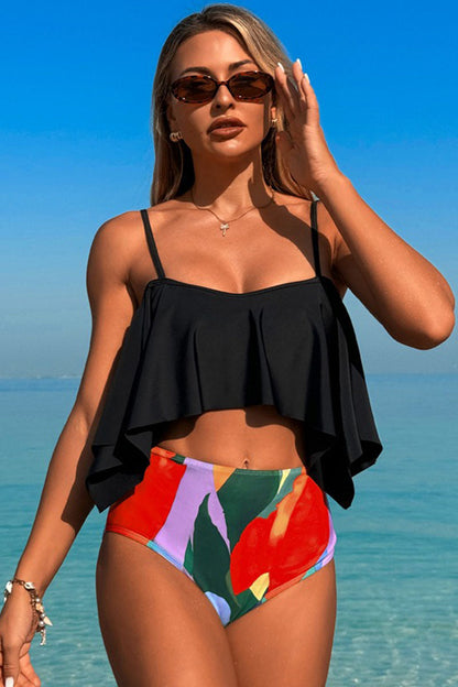 Two-piece swimsuit with large ruffled sleeves and floral shorts - Seldom Seen Styles