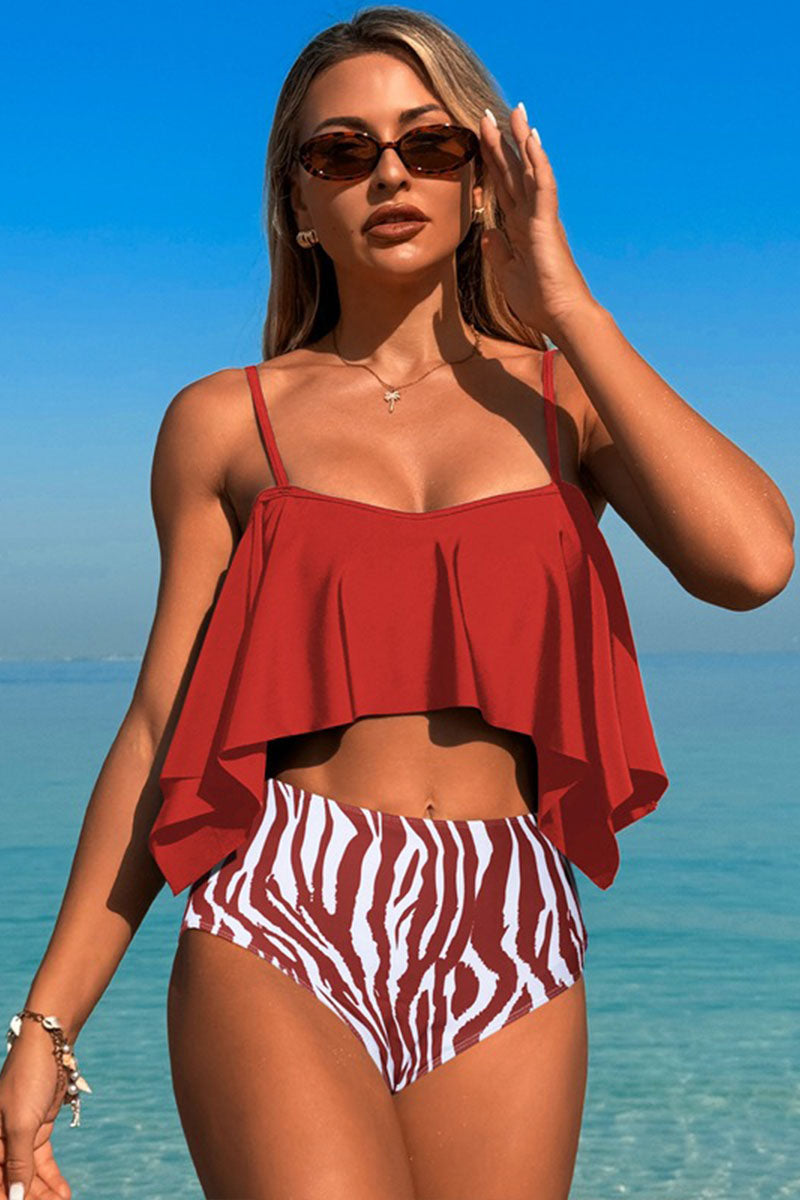 Two-piece swimsuit with large ruffled sleeves and floral shorts - Seldom Seen Styles