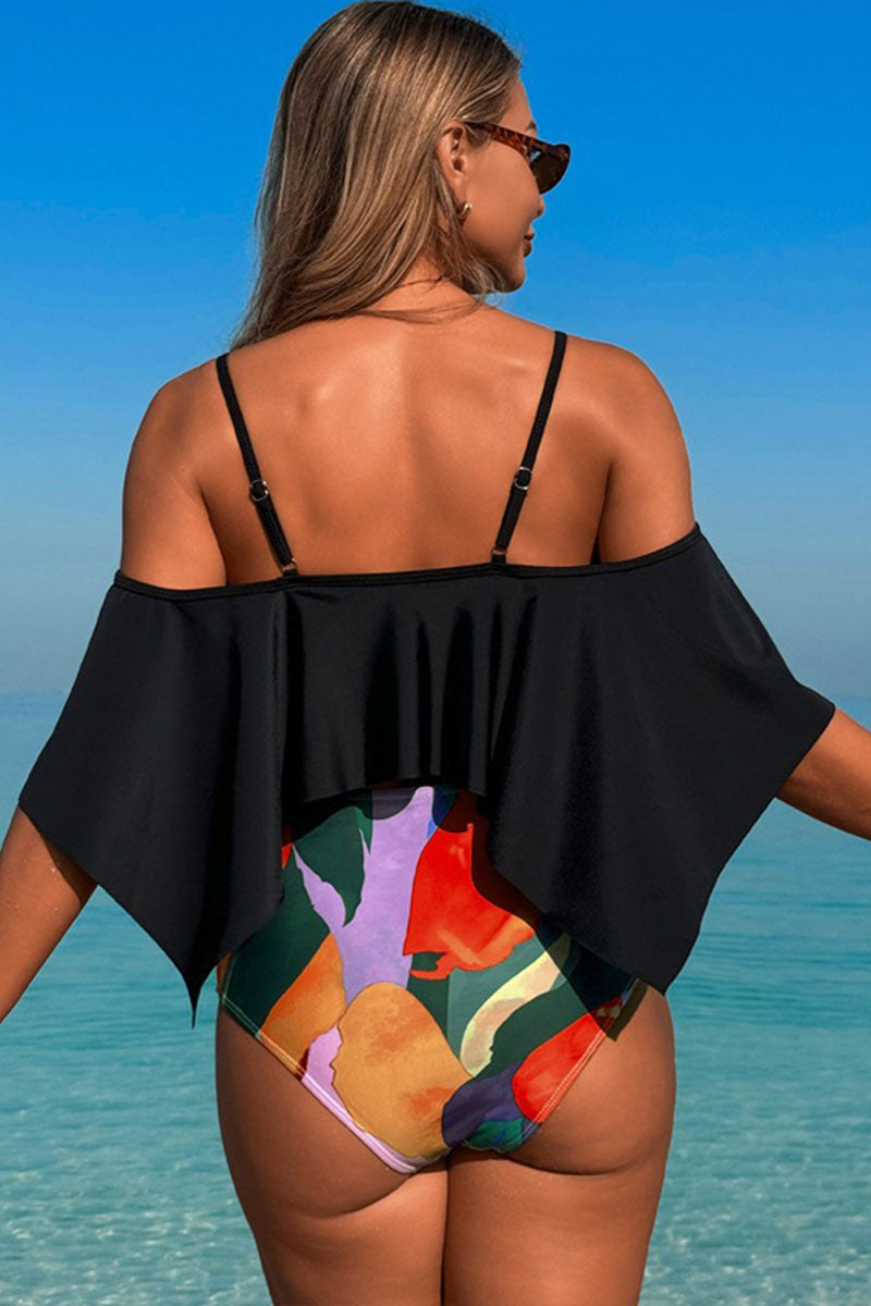 Two-piece swimsuit with large ruffled sleeves and floral shorts - Seldom Seen Styles