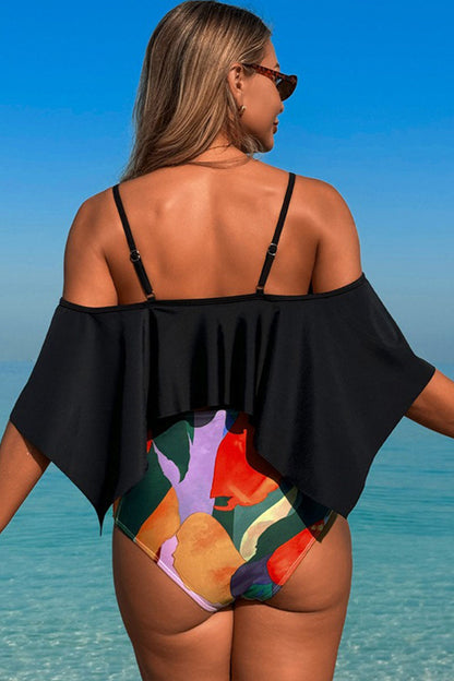 Two-piece swimsuit with large ruffled sleeves and floral shorts - Seldom Seen Styles