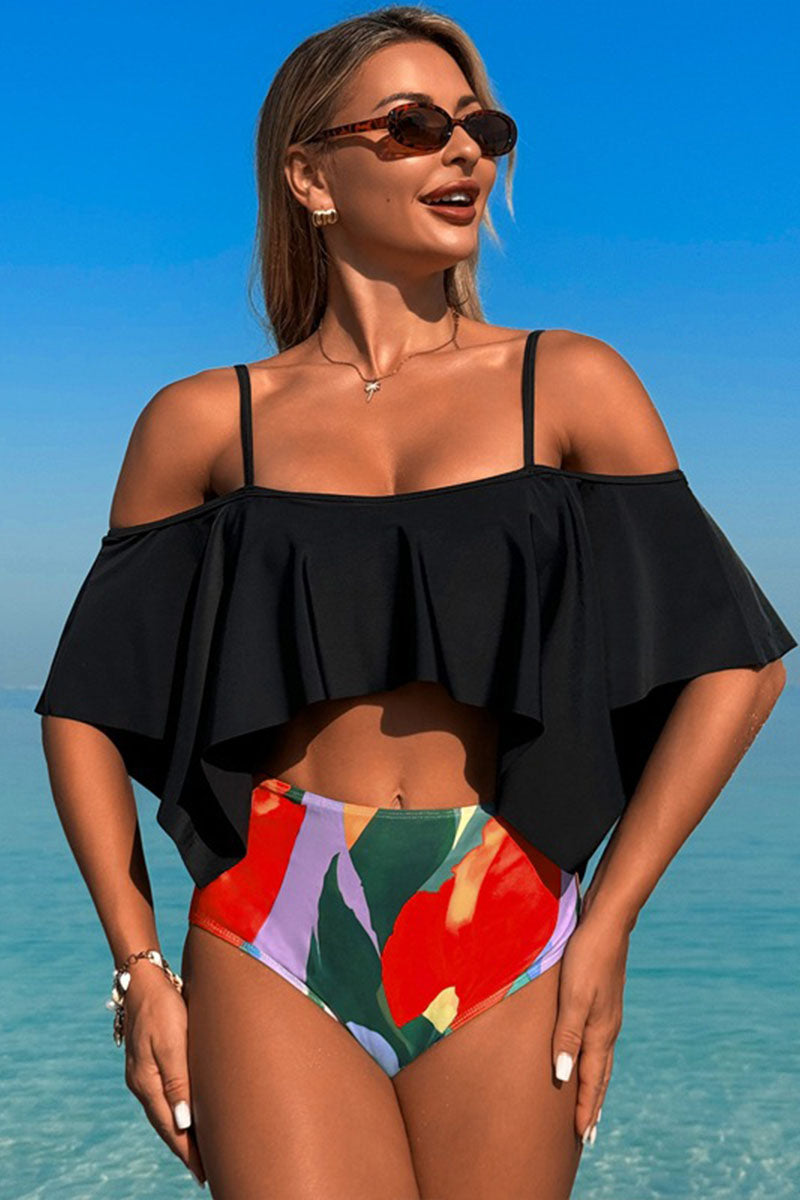 Two-piece swimsuit with large ruffled sleeves and floral shorts - Seldom Seen Styles