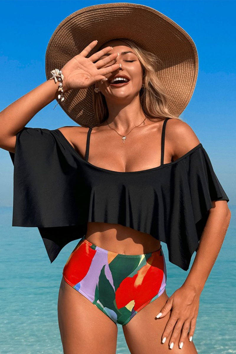 Two-piece swimsuit with large ruffled sleeves and floral shorts - Seldom Seen Styles