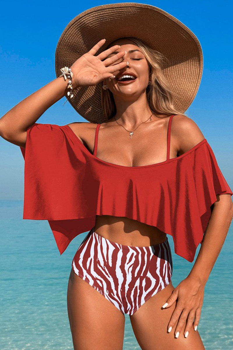Two-piece swimsuit with large ruffled sleeves and floral shorts - Seldom Seen Styles